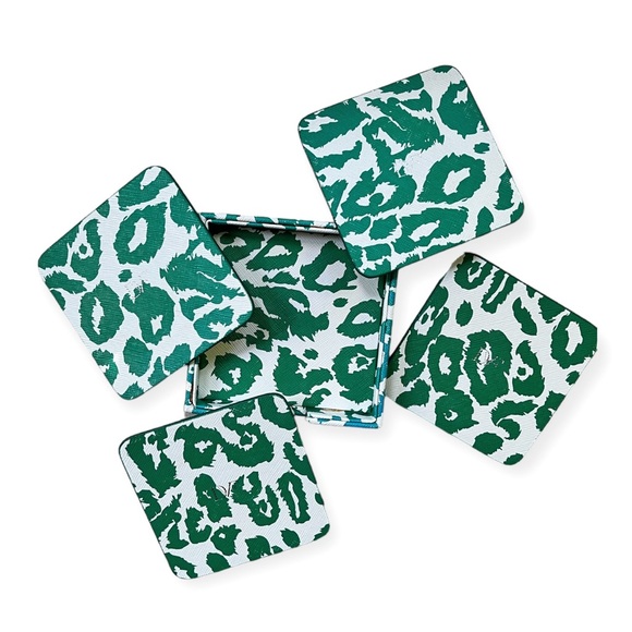 RARE Diane Von Furstenberg DVF Home Green Cheetah Square Coasters w/Box Set of 4 - Picture 1 of 6